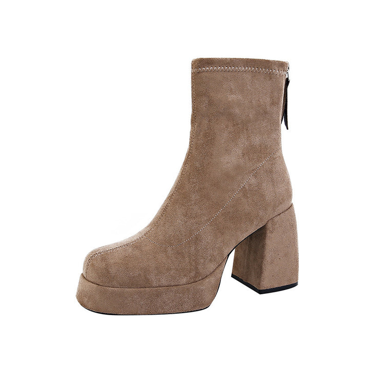 Damen Plateau‑AnklDruneoots aus Veloursleder mit hohem Blockabsatz Drune