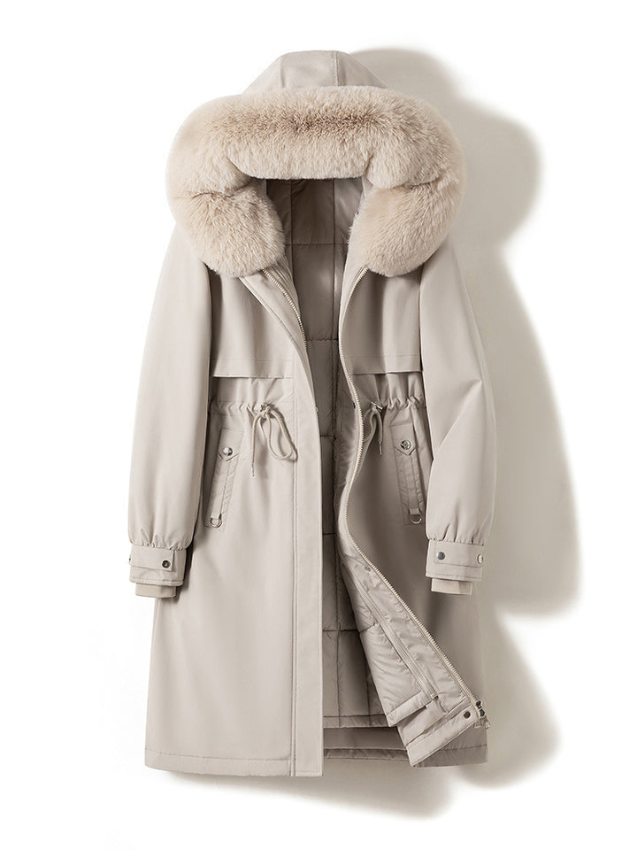 Damen nan langer wasserabweisender Parka mit voluminöser Kunstfellkapuze, taillierbarem Tunnelzug und gesteppter Thermo-Innenjacke Drune