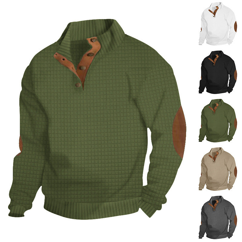 Herren Strukturiertes Waffelstrick-Henleypullover mit Lederbesatz & Ellbogenpatches Drune