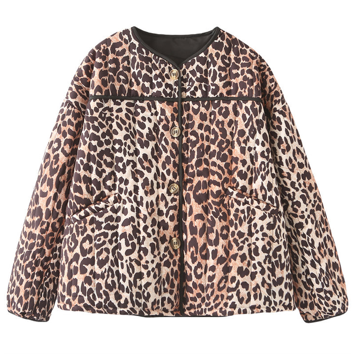 Damen nan gesteppte Kurzjacke mit Leopardenmuster, Rundhalsausschnitt und aufgesetzten Eingrifftaschen Drune