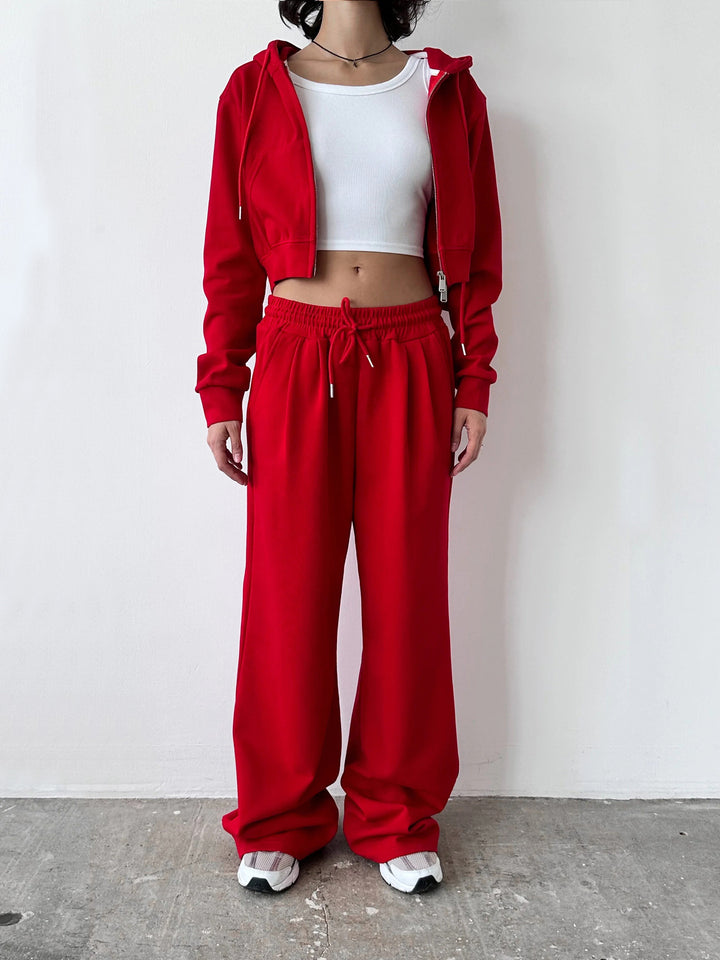 Damen kurzes Zip-Kapuzenjacken- und High-Waist Wide-Leg Jogginghose Set aus weichem French Terry Drune