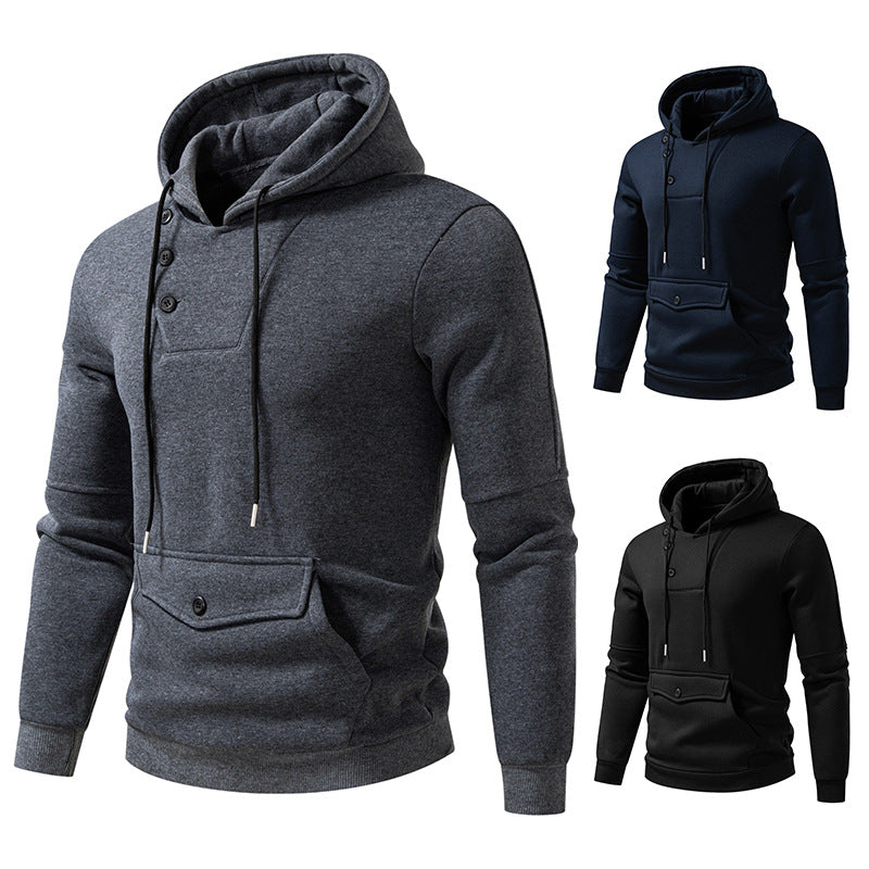 Herren Oversize Baumwoll-Fleece Kapuzenpullover mit asymmetrischer Knopfleiste und aufgesetzter Kängurutasche Drune
