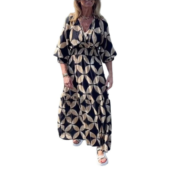 Damen nan Maxikleid mit geometrischem Alloverprint, smockierter Taille und Volantstufen Drune