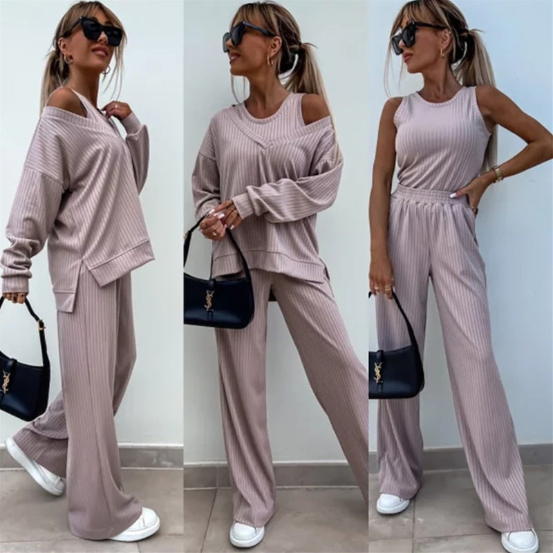 Damen Loungewear-Set aus geripptem Feinstrick mit Off-Shoulder-Pullover und weiter Palazzo-Hose Drune
