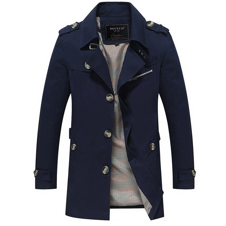 Herren Trenchcoat im Fieldstil mit Stehkragen, Schulterklappen und kariertem Innenfutter Drune