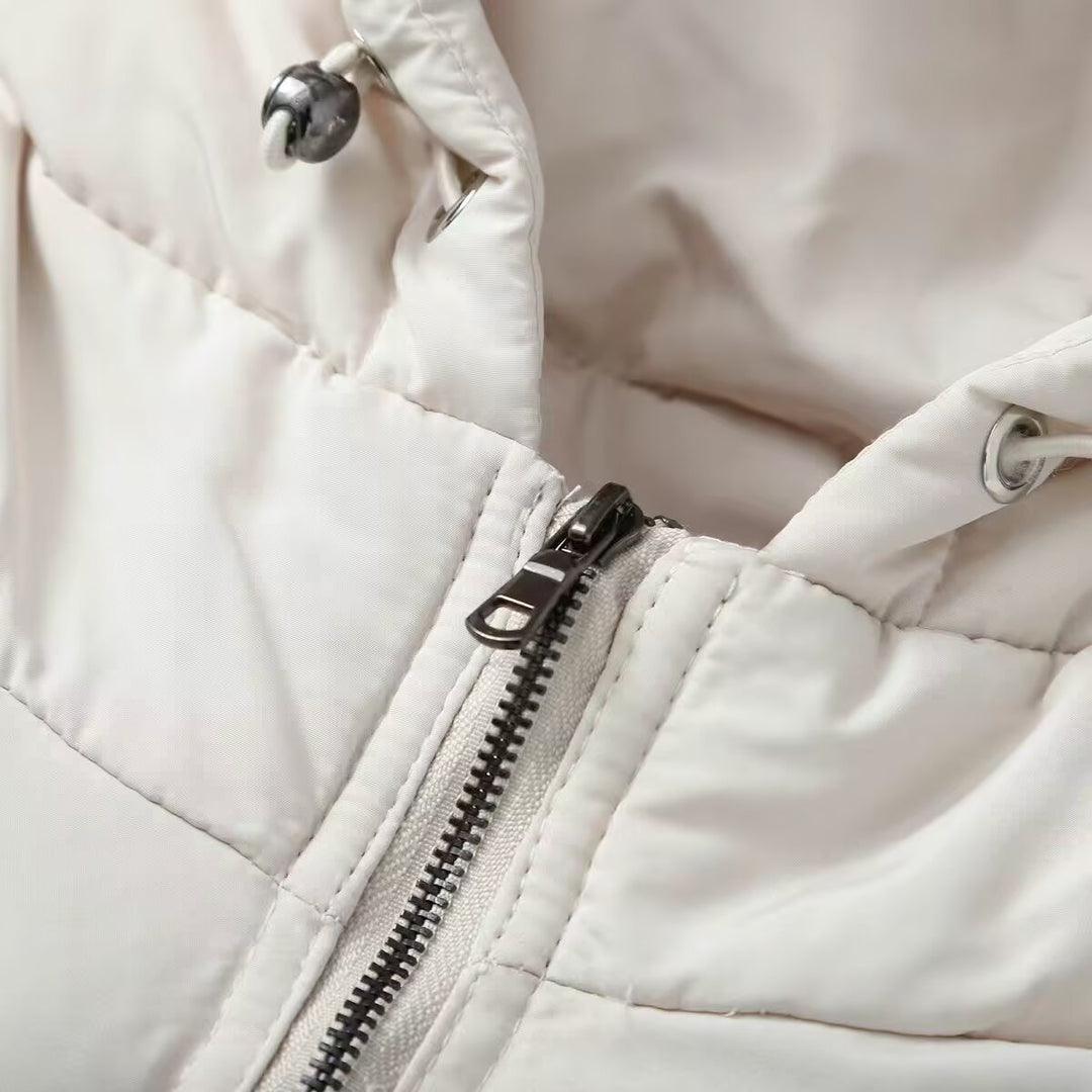 Damen Kurz geschnittene Hybrid-Steppjacke mit Kapuze, Taillenzug und elastischen Ärmeln Drune