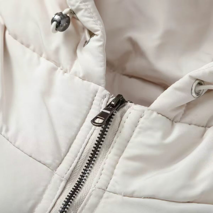 Damen Kurz geschnittene Hybrid-Steppjacke mit Kapuze, Taillenzug und elastischen Ärmeln Drune