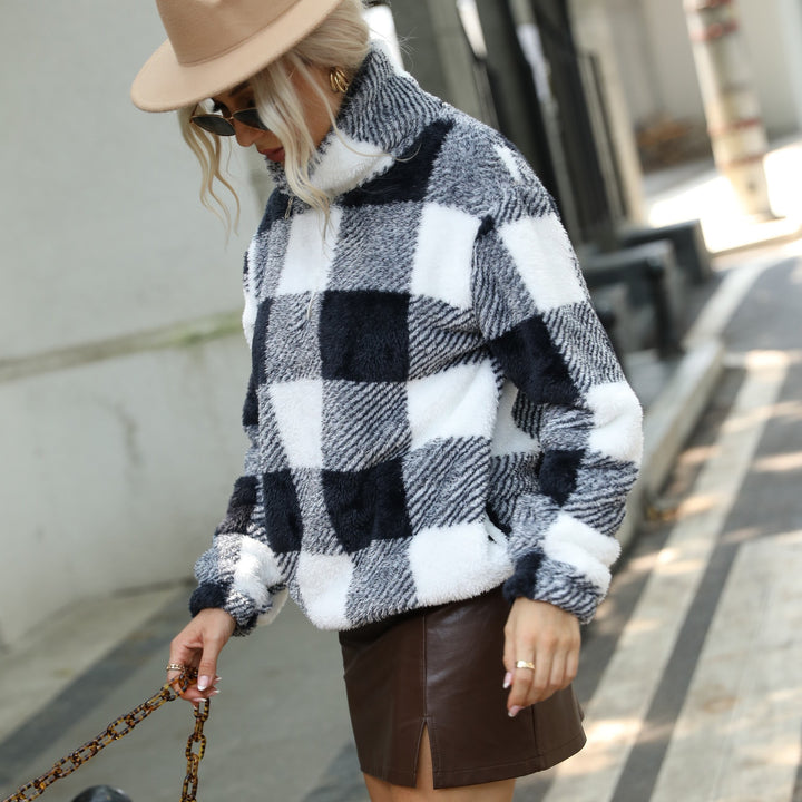 Damen Plüschpullover mit Karomuster und hohem Kragen Drune