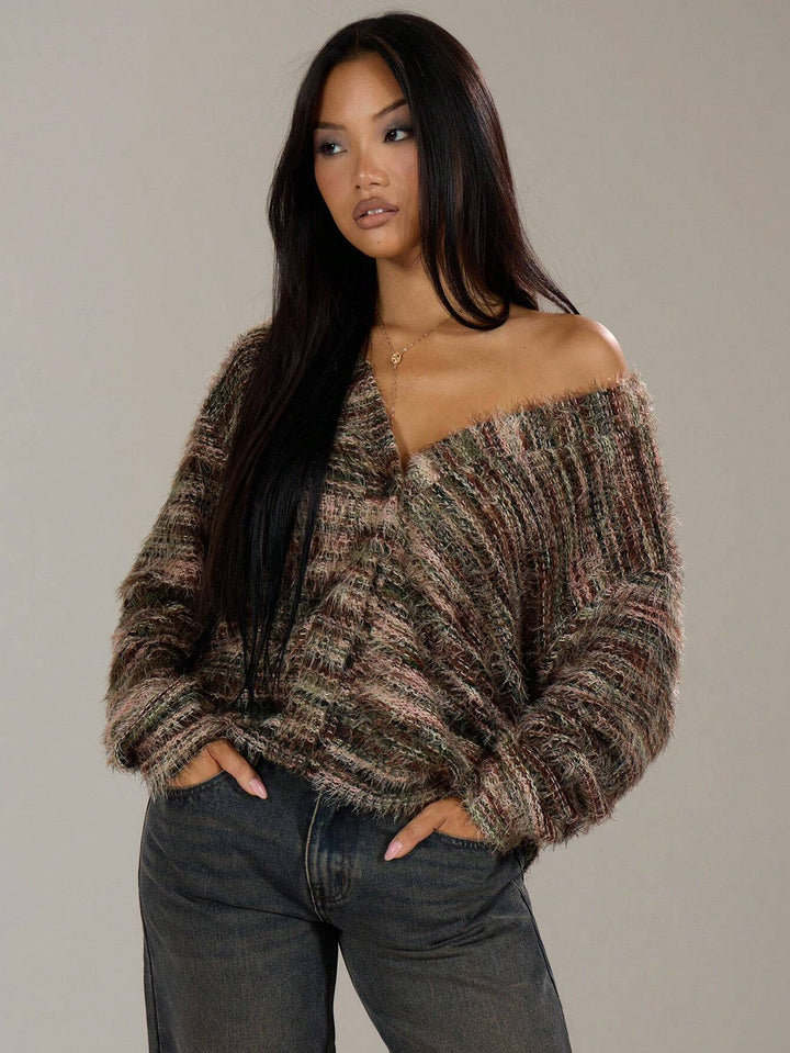 Damen Oversize-Flauschpullover mit weitem Carmen‑Ausschnitt und melierter Strickstruktur Drune