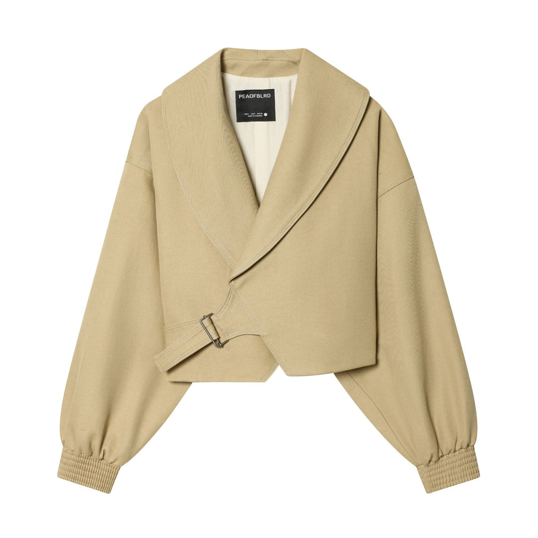 Damen nan kurze Wickeljacke mit großem Schalkragen, Taillengürtel und Ballonärmeln Drune