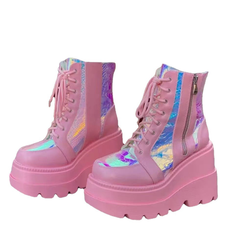 Damen nan Plateau-Bikerstiefel mit holografischen Einsätzen, Schnürung und seitlichem Reißverschluss Drune