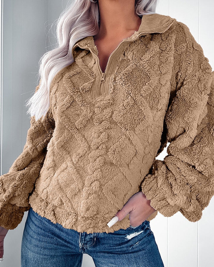 Damen Flauschiger Zip-Pullover mit strukturiertem Design Drune