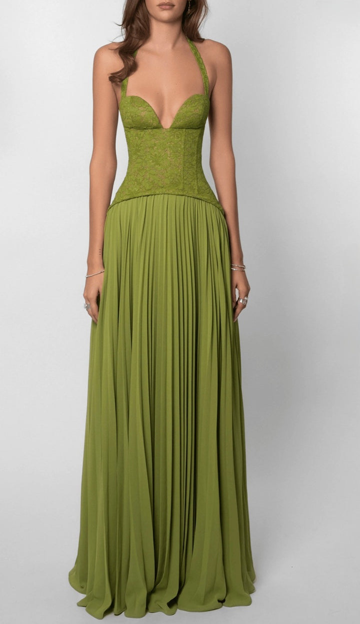Damen nan Neckholder-Korsettkleid mit Spitzen-Corsage und fließendem Plisseerock Drune