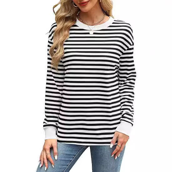 Damen Lässiger Streifenpullover mit Rundhalsausschnitt Drune