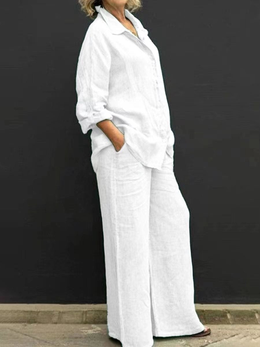 Damen Leichtes Leinen-Loungewear-Set mit Oversized-Hemd und weiter Palazzo-Hose Drune