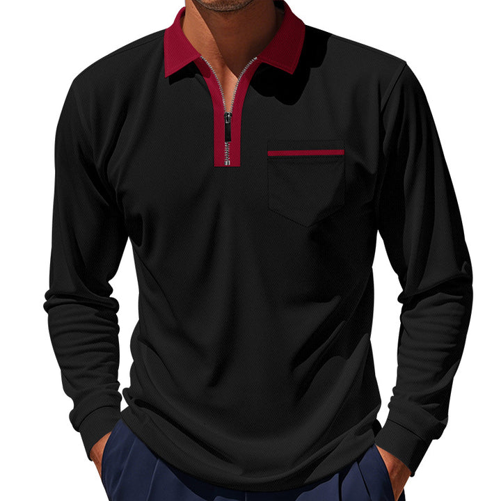 Herren nan langärmeliges Zip-Poloshirt mit Brusttasche und Kontrastkragen Drune