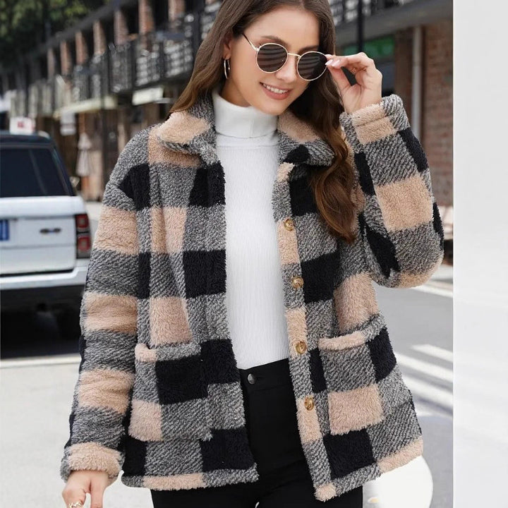 Damen nan gefütterte Karo Teddy-Fleece Shacket mit Knopfleiste und aufgesetzten Taschen Drune