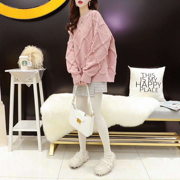 Damen Oversized Pullover mit Strukturmuster und Perlenverzierungen Drune