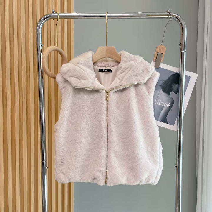 Damen Ärmellose Teddyweste mit Kapuze und Reißverschluss Drune