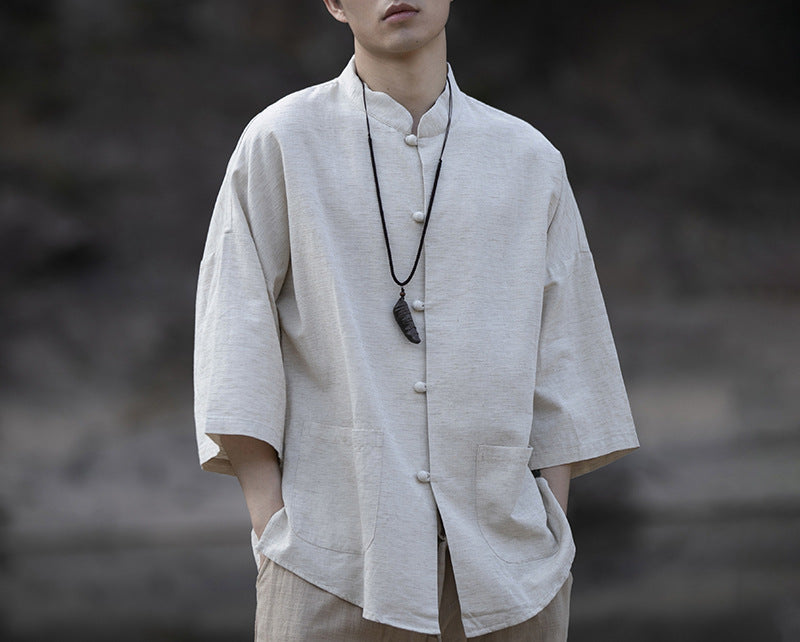 Herren Oversize Hemd im Kimono-Stil aus Leinen-Baumwollmix mit Stehkragen Drune