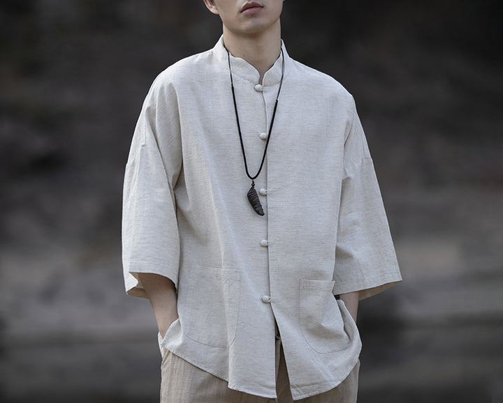 Herren Oversize Hemd im Kimono-Stil aus Leinen-Baumwollmix mit Stehkragen Drune