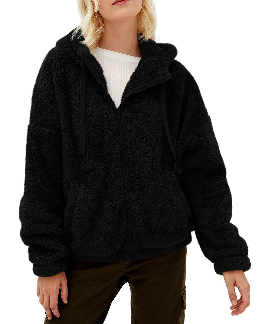 Damen Flauschige Kapuzenjacke mit praktischen Taschen und Reisverschluss Drune