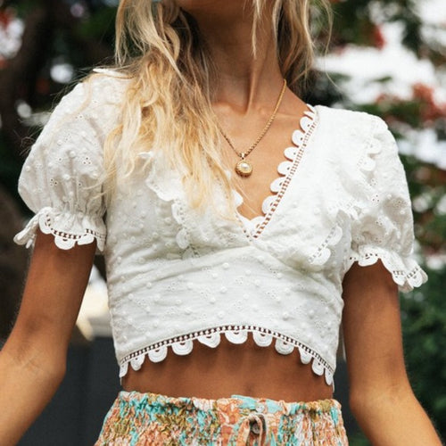 Damen Crop-Top mit floralen Details und Spitzenbesatz Drune