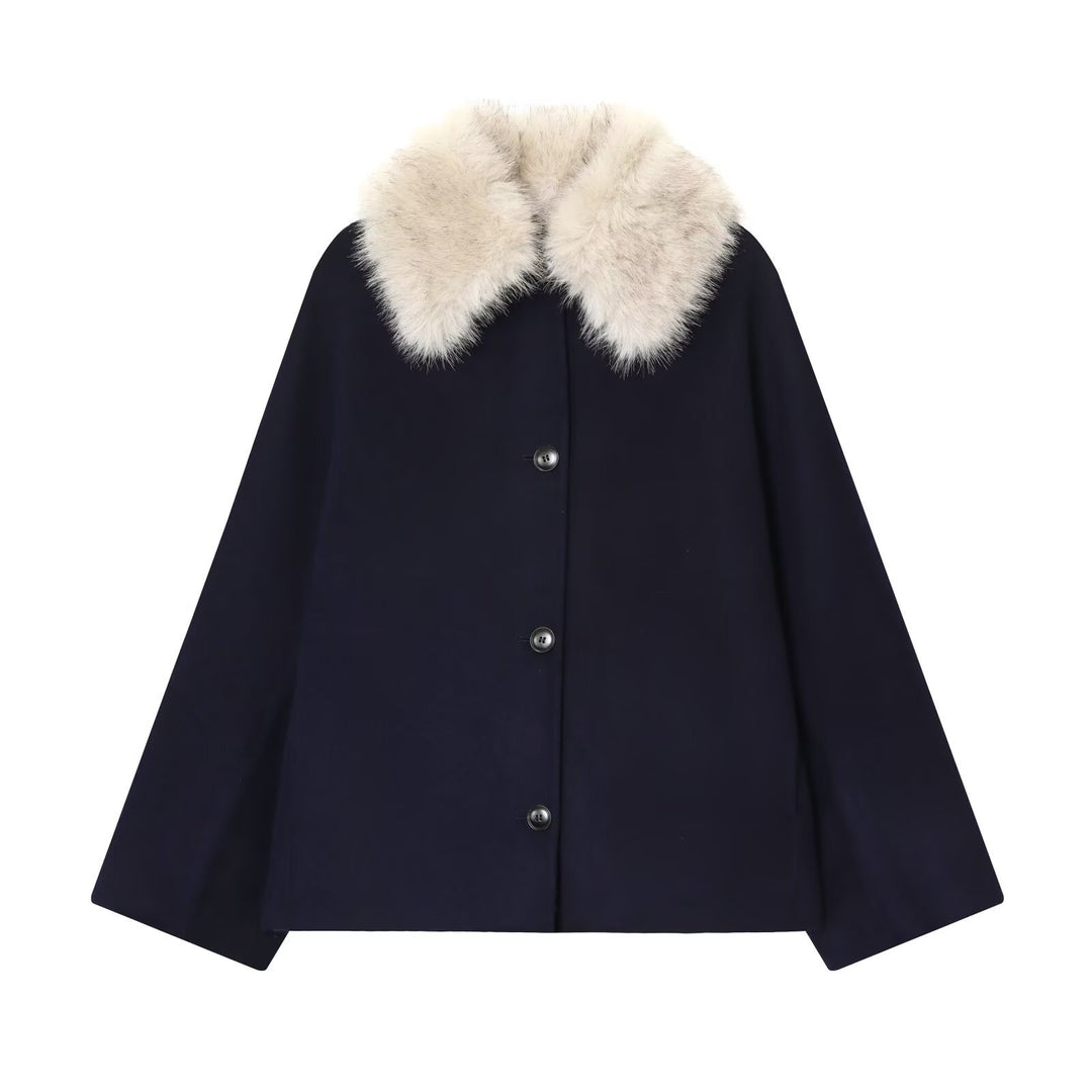 Damen Woll-Cape mit abnehmbarem Kunstfellkragen und verdeckter Knopfleiste Drune