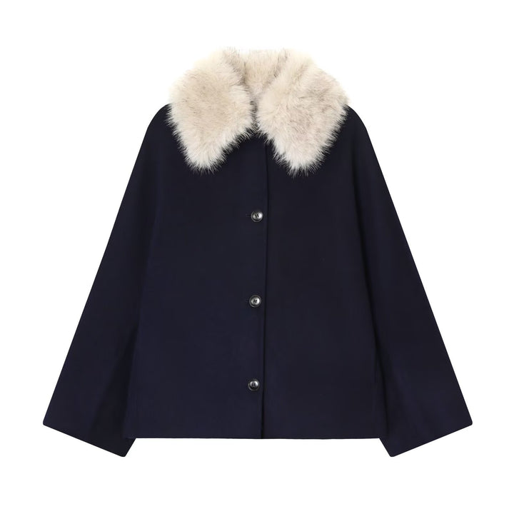 Damen Woll-Cape mit abnehmbarem Kunstfellkragen und verdeckter Knopfleiste Drune