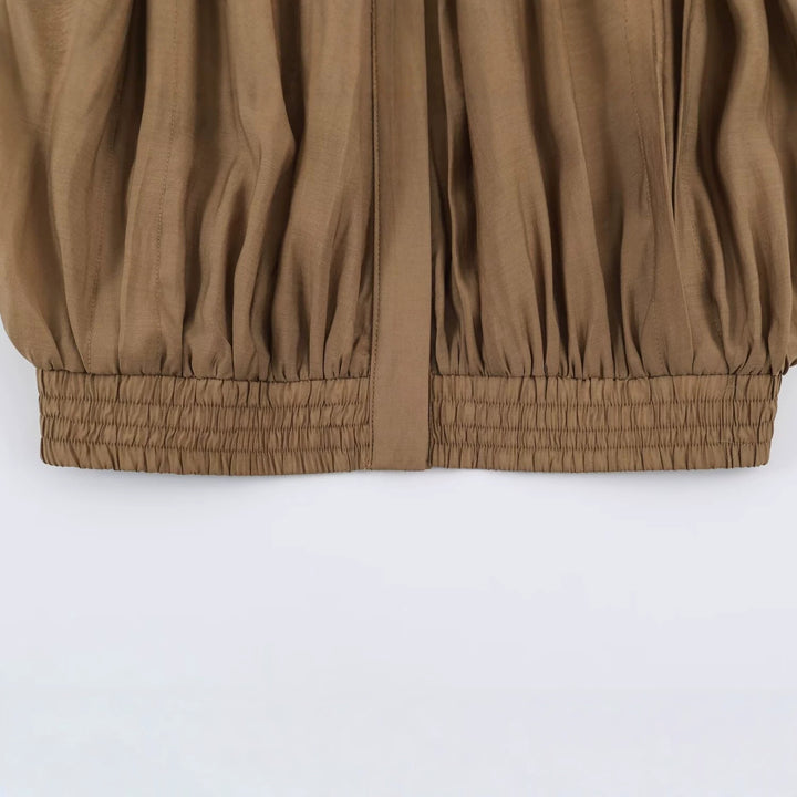 Damen Weites Plissiertes Blouson-Top mit Stehkragen und gesmoktem Saum Drune