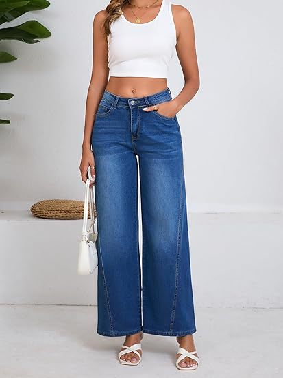 Damen Hochtaillierte Palazzohose aus Denim mit weitem Bein Drune