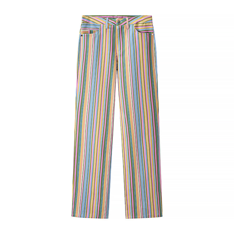 Damen Gestreifte High‑Waist‑Hose mit weitem Bein und Five‑Pocket‑Design Drune