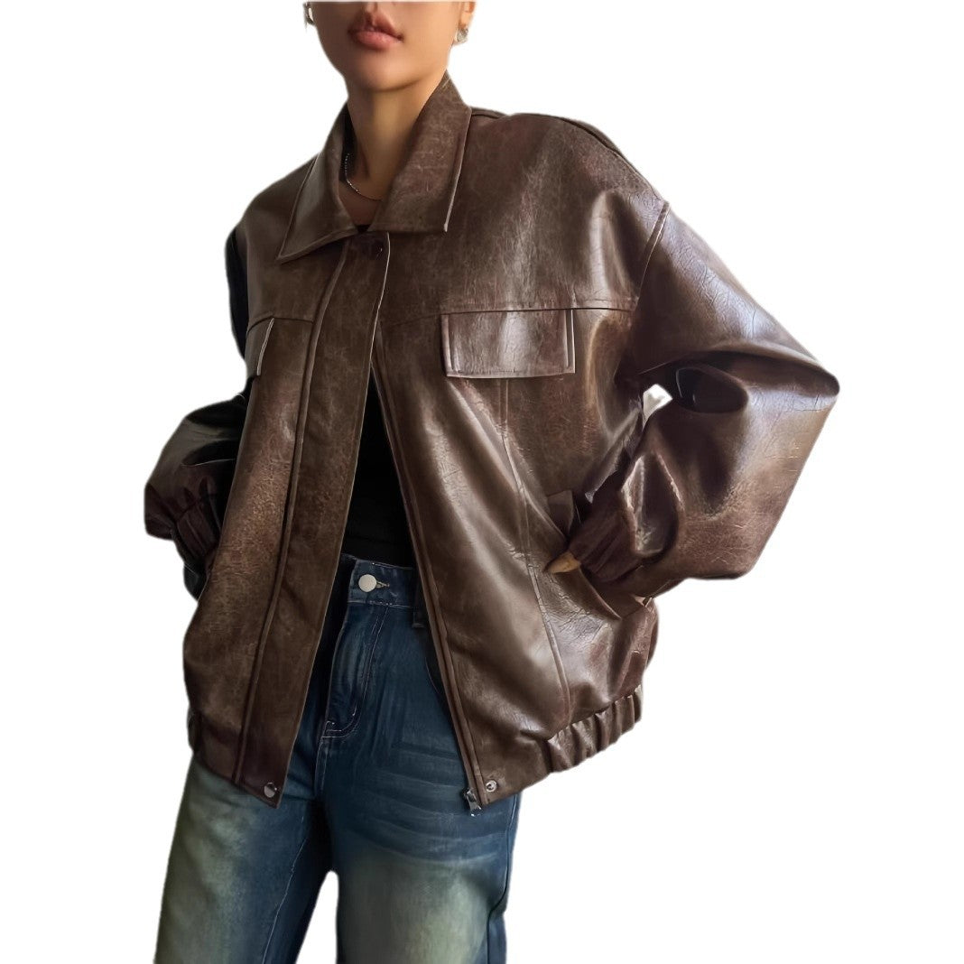 Damen Lässige oversized Kunstlederjacke mit praktischen Taschen Drune