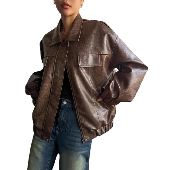 Damen Lässige oversized Kunstlederjacke mit praktischen Taschen Drune