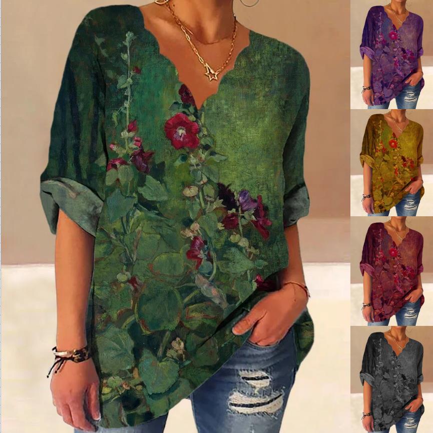 Damen Lockere Bluse mit Welligem V-Ausschnitt und Aquarell Floral Print Drune