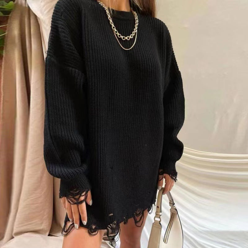 Damen Oversize Grobstrick-Minikleid mit Destroy-Effekt und Rundhalsausschnitt Drune
