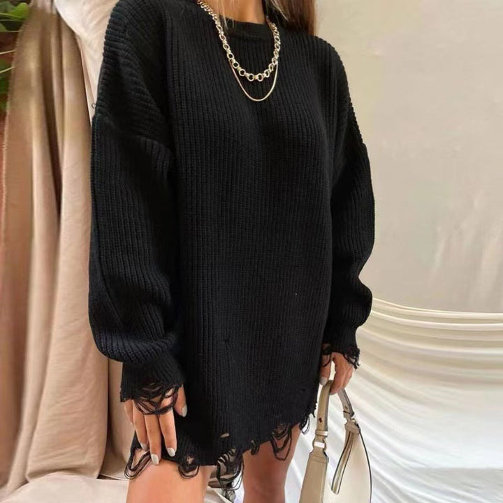 Damen Oversize Grobstrick-Minikleid mit Destroy-Effekt und Rundhalsausschnitt Drune