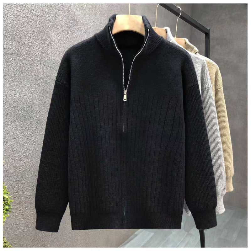 Herren Oversize Feinstrick-Pullover mit halbem Reißverschluss und markanter Rippenstruktur Drune