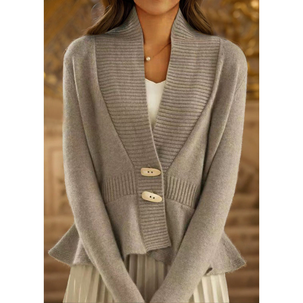 Damen nan kuscheliger Strickcardigan mit Schalkragen, gerippter Blende und schmalem Schößchen Drune