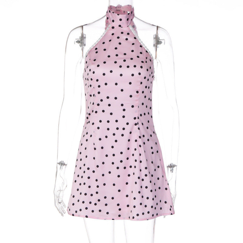 Damen Polka-Dot Minikleid mit hohem Kragen und A-Linien-Schnitt Drune