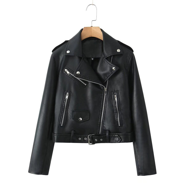 Damen Robuste taillierte Bikerjacke aus Kunstleder mit asymmetrischem Reißverschluss und Taillengürtel Drune