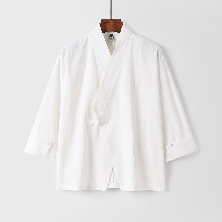 Herren Leinen-Kimono-Jacke mit traditionellem Knotenverschluss und mittel-langen Ärmeln Drune