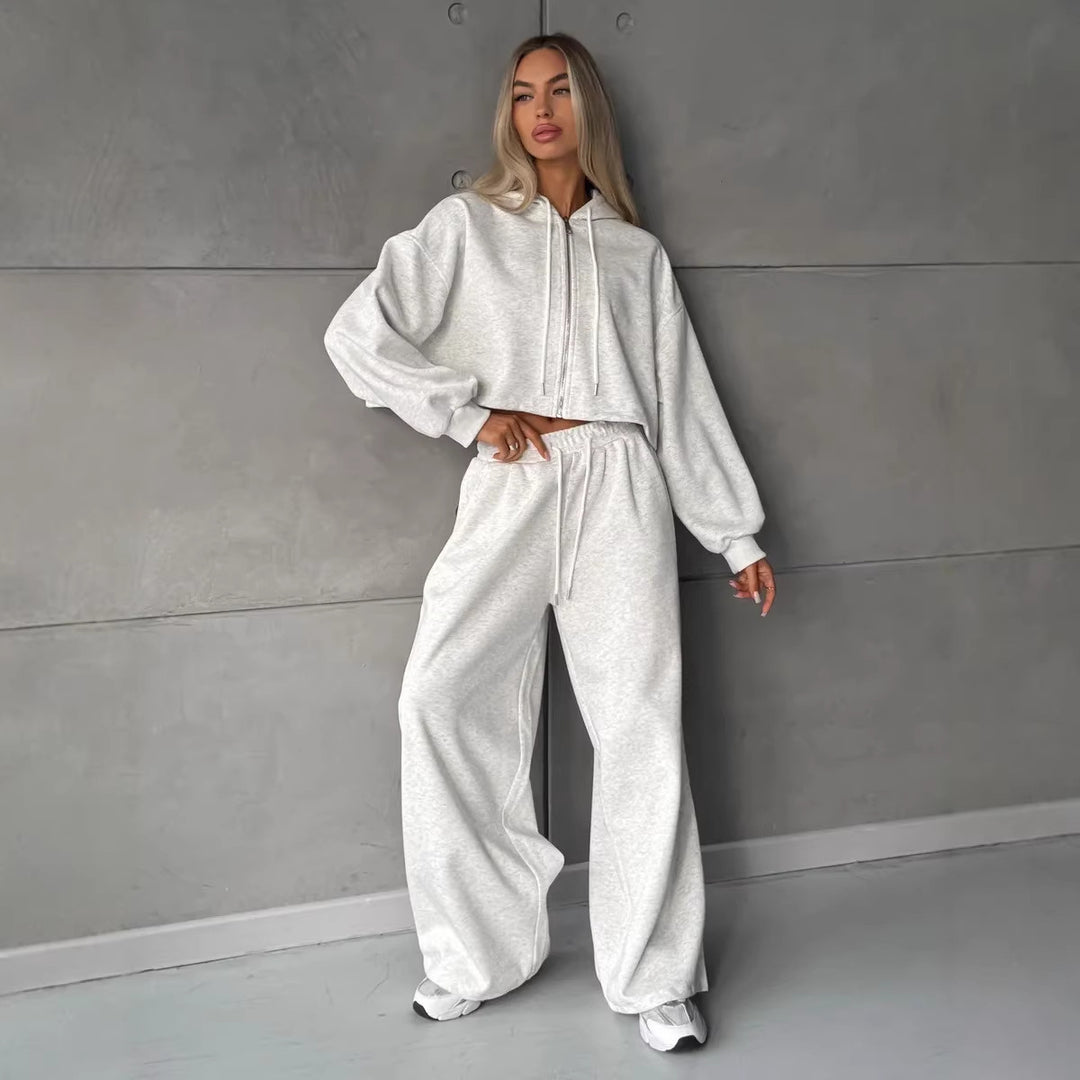 Damen weit geschnittenes Cropped-Zip-Hoodie und Palazzo-Jogger Set Drune
