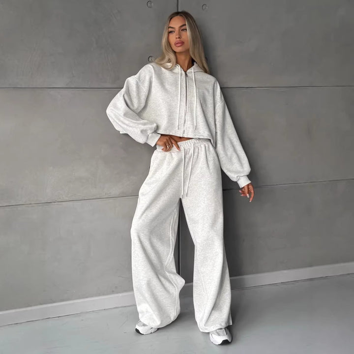 Damen weit geschnittenes Cropped-Zip-Hoodie und Palazzo-Jogger Set Drune