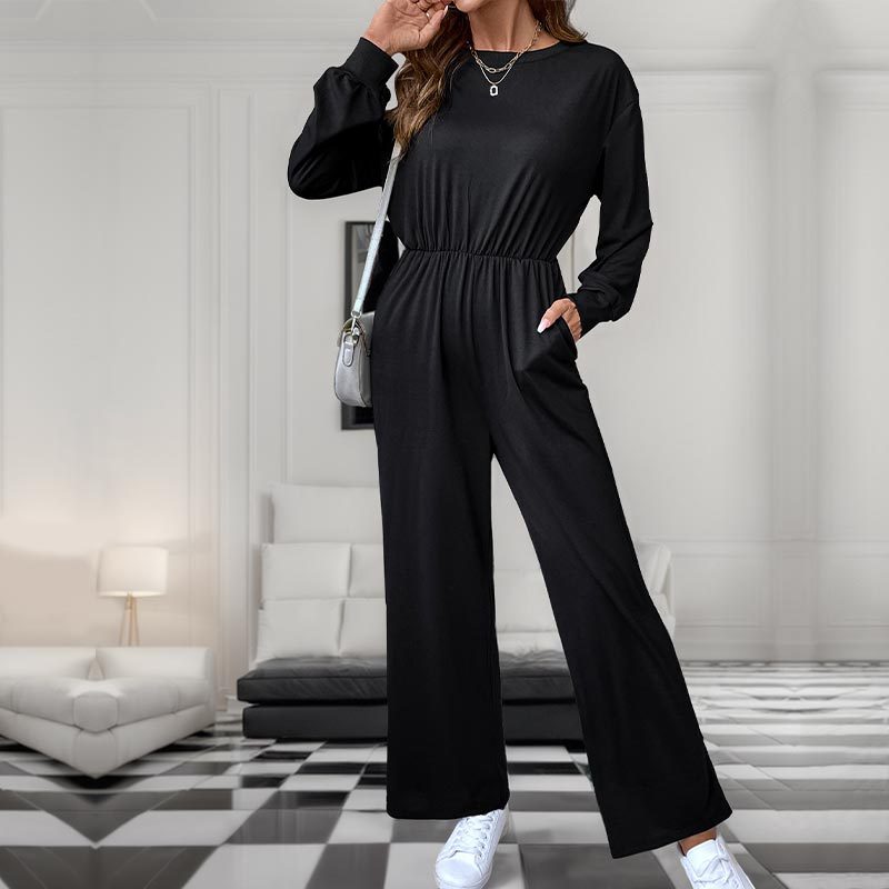 Damen Lässiger Einteiler mit elastischer Taille, Seitentaschen und weitem Bein Drune