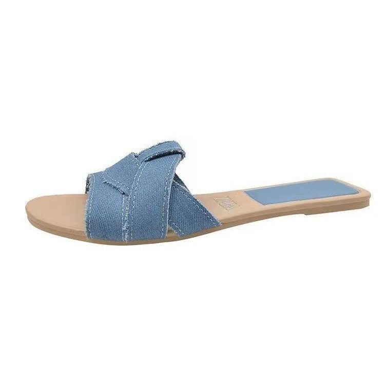 Damen Jeans-Optik Slide-Sandalen mit gekreuzten Stoffriemen und flacher Komfortsohle Drune