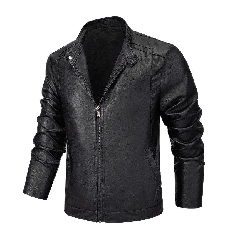 Herren Slim-Fit Kunstleder-Reißverschlussjacke mit Stehkragen und Nahtpaneelen Drune