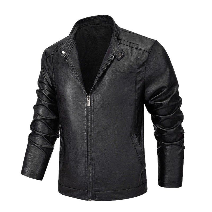 Herren Slim-Fit Kunstleder-Reißverschlussjacke mit Stehkragen und Nahtpaneelen Drune