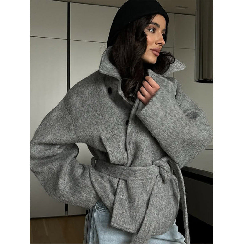 Damen Oversized Wolljacke mit modischem Gürtel und praktischem Knopfdetail Drune