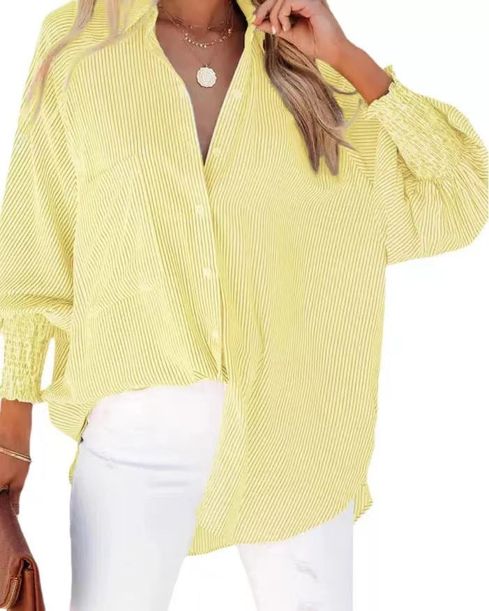 Damen Oversize-gestreifte Leinenoptik-Bluse mit Smokbündchen Drune